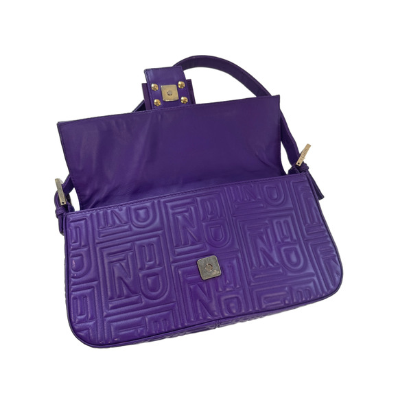 Fendi Purple Nappa Embossed Logo Leather Shoulder Baguette Bag - Picture 9 of 11